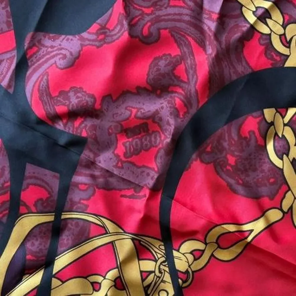Vintage Silk “E” scarf with gold chain accents | Royal Red silk scarf est 1980